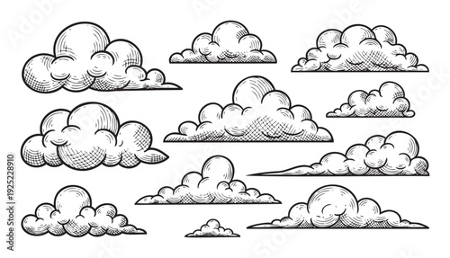Collection of hand drawn engraving style clouds for weather forecasts, sky illustrations, or atmospheric graphic resource designs for various visual projects