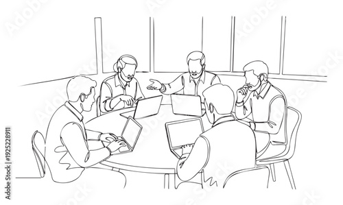 A group of business men gathered around a table in a professional meeting, actively discussing and collaborating while utilizing laptops for modern corporate communication and project