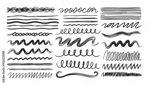Assortment of expressive hand drawn brush lines and versatile scribbled underlining elements for modern graphic projects and engaging online communication.