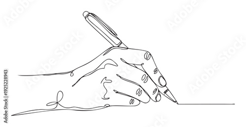 A flowing continuous line drawing of a human hand holding a pen, depicting the act of writing or creating, useful for educational content or business communication visuals.