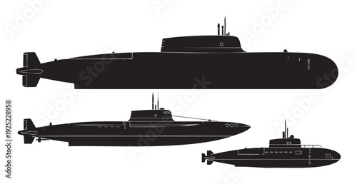 A collection of distinct submarine silhouettes featuring varying designs and sizes, ideal for educational materials, defense industry reports, marine vessel recognition guides, or