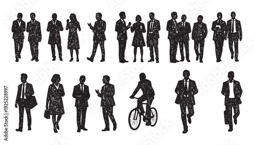 Dynamic collection of business people silhouettes depicting various corporate activities and professional interactions for presentations, reports, and modern visual communication