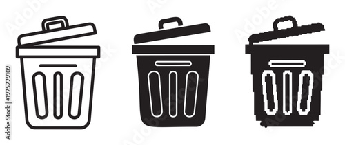 A collection of stylized trash can icons with open lids, presenting options for digital user interfaces, web applications, and graphic designs related to waste management or file deletion.
