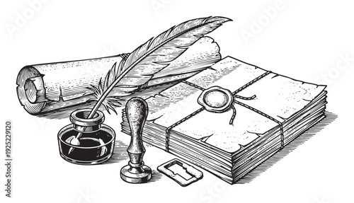 Captivating oldfashioned writing set featuring a traditional quill pen, inkwell, sealing wax stamp, rolled parchment scroll, and sealed documents, ideal for historical document