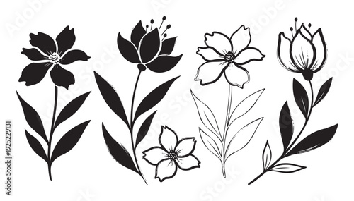 Black and white floral collection featuring various handdrawn blooming flowers and leaf stems for botanicalthemed projects, contemporary graphic designs, and artistic decorations.