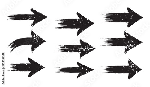 Dynamic distressed black ink arrows set featuring rough brush textures and splatters providing bold directional pointers for impactful digital media and print layouts