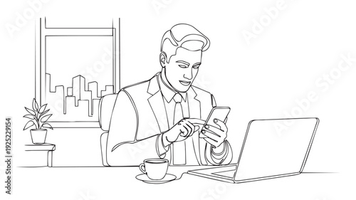 Professional businessman engaged with smartphone at office desk with laptop and city view suitable for technology and business communication concepts