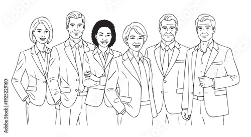 Diverse group of smiling confident business professionals in formal attire, embodying corporate success, strong teamwork, and an inclusive modern workplace for various business applications