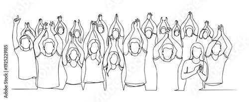 Continuous line drawing of a diverse group of people cheering and applauding, perfect for illustrating unity, support, or excitement in various media projects.