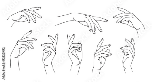 Elegant feminine hands in various expressive gestures, drawn with a continuous line style, perfect for beauty product branding, modern web backgrounds, or stylish print materials