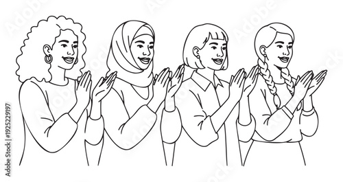Four diverse women including Black and Arab individuals clapping hands showing appreciation and support for a multicultural community or corporate event advertisement