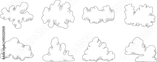 Hand drawn smoke and cloud outline collection with detailed sketch style, isolated on white background, cartoon steam effect set for comic illustration