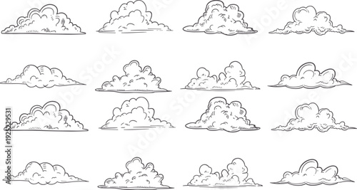 Hand drawn cloud sketch collection with detailed line art style, isolated on white background, vintage sky element set for weather illustration and design