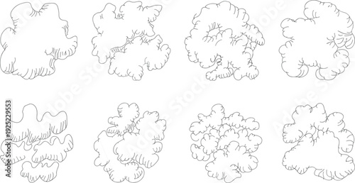 Hand drawn smoke cloud sketch set with detailed line art, isolated on white background, cartoon explosion and steam effect collection for illustration design