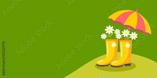 Spring illustration with yellow rubber boots and umbrella, flowers growing inside boots, rainy season concept, nature and gardening symbol, flat vector banner, bright colors.