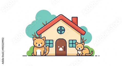 Two cute cats sitting in front of a cozy house with red roof and green bushes