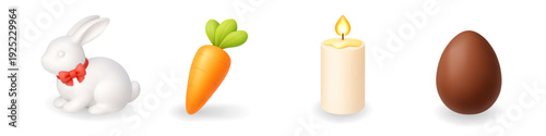 Easter 3D realistic icons. White bunny with bow, carrot, candle and chocolate egg. Ideal for festive templates, seasonal branding and decor.