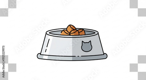 Gray cat food bowl filled with dry kibble on white background simple illustration pet care concept domesticated animal feeding cartoon style