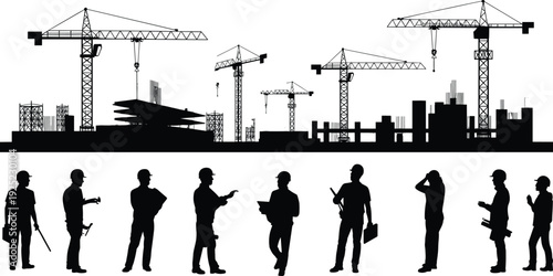 Industrial construction site silhouette with tower cranes and workers, urban building vector illustration isolated for architecture design, civil engineering projects and infrastructure development