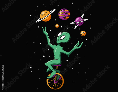 Cute Green Alien On Unicycle Graphic Design - printable editable vector art file.