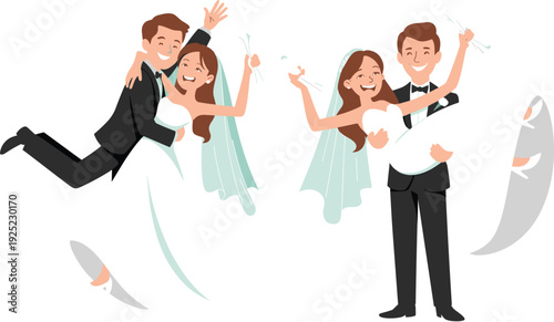 Happy wedding couple cartoon set with groom carrying bride in white dress and veil celebrating marriage isolated on white background