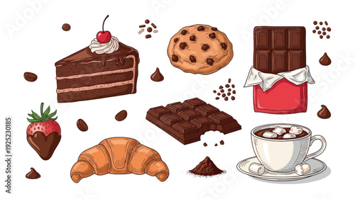 A delicious chocolate desserts and pastries collection featuring cake, cookies, hot chocolate, croissant, and chocolate dipped strawberry perfect for menu boards and sweet indulgence themed