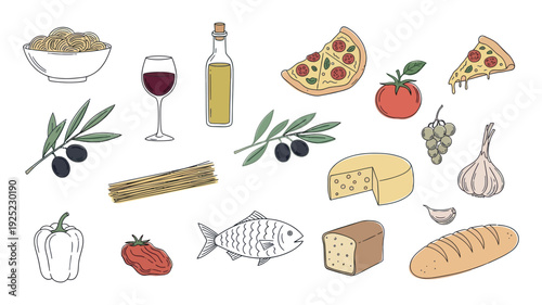 Discover a diverse assortment of traditional Italian culinary ingredients and dishes such as spaghetti, pizza, olive oil, wine, fresh vegetables, cheese, and bread, ideal for menu boards,