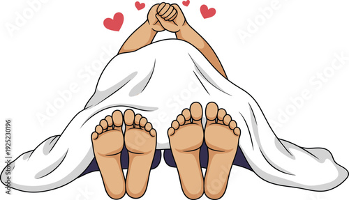 Romantic couple lying under white blanket with feet showing and hands held above head with red hearts in cartoon style