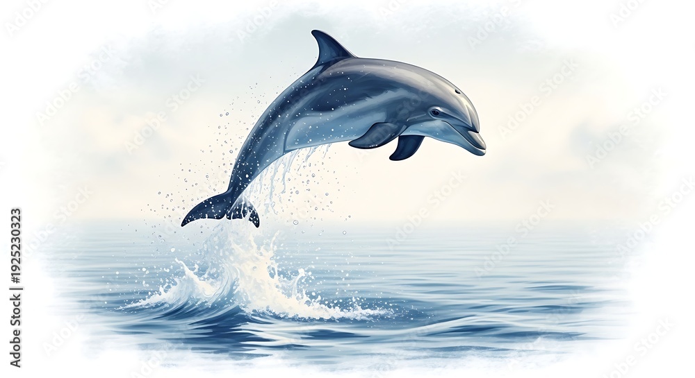 Obraz premium Dolphin Jumping Out of Ocean Water with Splash in Serene Sea