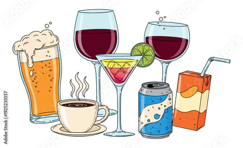 A diverse assortment of refreshments featuring a glass of beer, red wine glasses, a vibrant cocktail with lime, a hot coffee, a soda can, and a juice box, ideal for drink menus and
