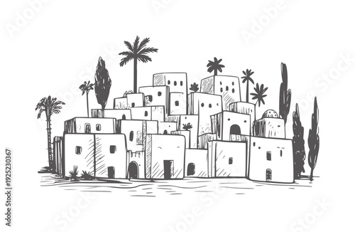 Black and white of a dense village with palm trees and cypress trees