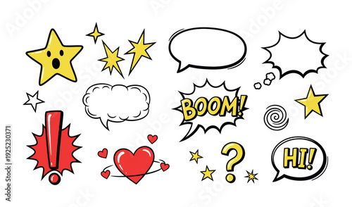 Energetic collection of comic book style graphic elements featuring bold speech bubbles, expressive stars, action words, and playful symbols suitable for enhancing various digital media and