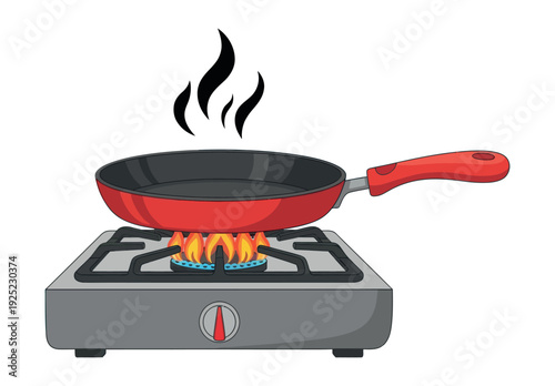 A red frying pan heating up on a gas stove with vibrant blue and orange flames and rising steam, ideal for culinary content, cooking instructions, and kitchen appliance advertisements