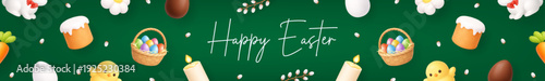 Easter banner with Happy Easter text and cute 3D elements. Eggs, basket, chick, cake and flowers. Perfect for holiday promotions, website headers and social media covers.