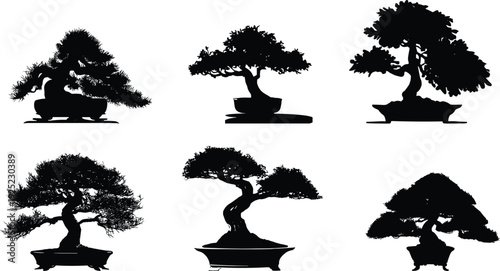 Japanese bonsai tree silhouette collection in pots, miniature zen garden plant vector set isolated for oriental decor, botanical illustration and landscape design graphics