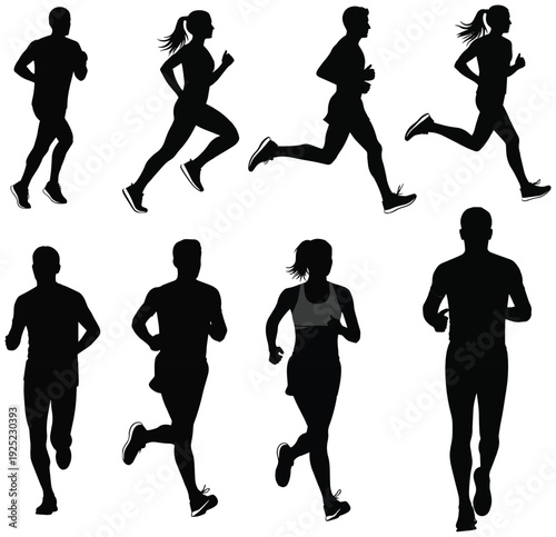 Set of male and female running silhouettes captured mid-stride in energetic jogging and sprinting poses. Athletic, slim body shapes, natural human proportions. Bold black minimalist silhouette design.