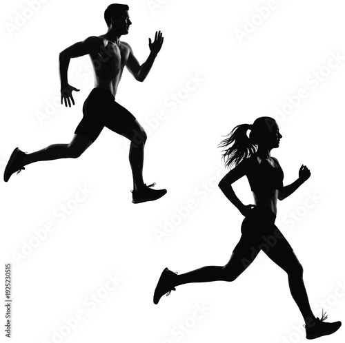 Running man and woman silhouettes set. Male and female runners figure shapes. Bare and naked, slim, healthy people work out.