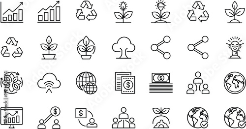 Professional set of line art icons for ecology, recycling, and global networking