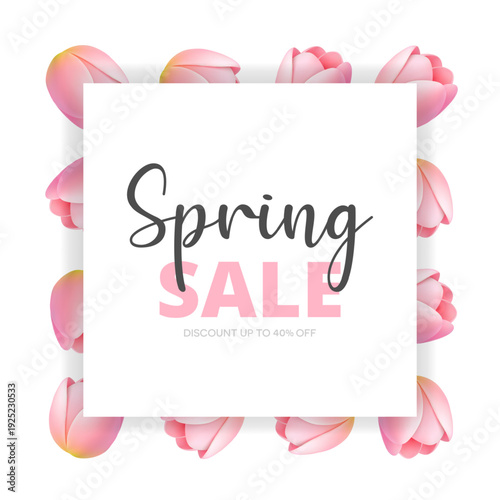 Pink tulips spring sale layout. Ideal for boutiques, online stores, social media promotions and seasonal marketing campaigns.