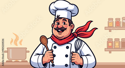Cheerful professional male chef wearing a toque and red scarf holding a wooden spoon and whisk in a kitchen setting ready to cook up delightful dishes ideal for restaurant menus and food