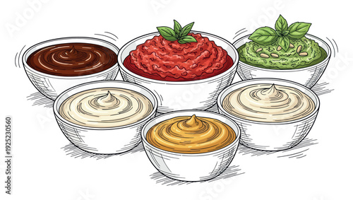 A vibrant collection of delicious savory and sweet dipping sauces arranged for culinary presentations and gastronomic themed media applications