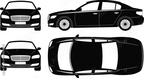 Luxury sedan car silhouette vector set, front side and top view black automotive illustration isolated for transport design, branding, advertising and vehicle graphics
