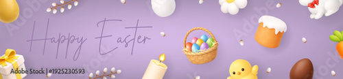 Purple Easter banner with Happy Easter text and festive 3D elements including eggs, basket, chick, cake and flowers. Ideal for seasonal promotions and social media covers.