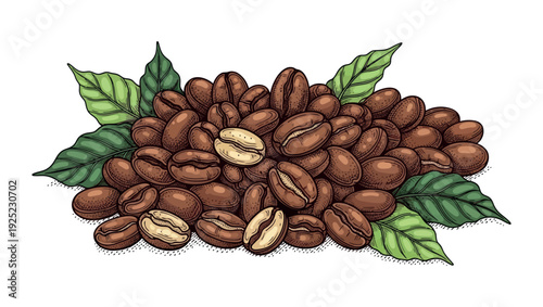 Pile of roasted and unroasted coffee beans with vibrant green leaves showcasing natural freshness and quality, ideal for food packaging, cafe branding, or culinary publication layouts.