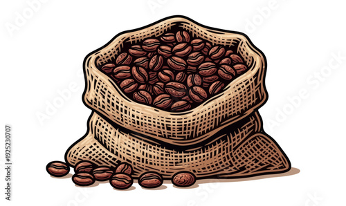Delicious roasted coffee beans in a rustic burlap sack, perfect for a coffee shop menu, packaging, or breakfast beverage advertisements