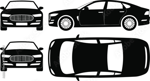 Modern sedan car silhouette set, front side and top view black vector illustration isolated for automotive design, transport branding and vehicle graphics