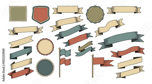 Hand drawn vintage emblems including ribbons banners flags shields and circular badges with blank areas for custom text, perfect for graphic components and decorative labels.
