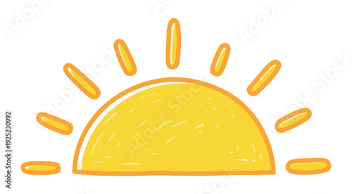 Cheerful hand drawn sunrise symbol capturing warmth and energy, ideal for childrens educational materials, playful weather graphics, or summer themed promotional designs.