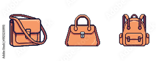 Pixelated carry items including a messenger bag, an elegant handheld purse, and a sturdy school backpack perfect for video game assets, mobile application icons, and engaging digital media