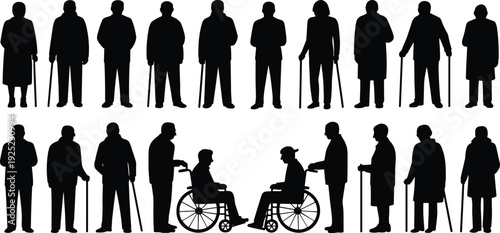 Elderly People Silhouettes Collection with Seniors Standing, Walking with Cane and Using Wheelchair, Black Vector Illustration Set Isolated on White Background for Healthcare Design